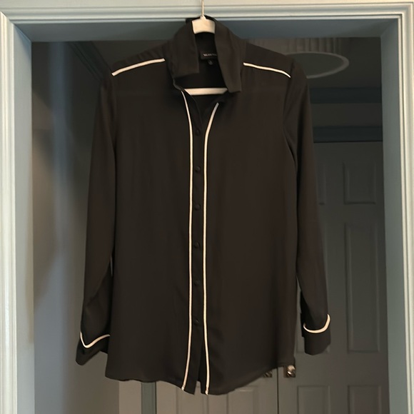 Who What Wear Black Sheer Button Down with White Trim and Fabric Buttons - Picture 1 of 6
